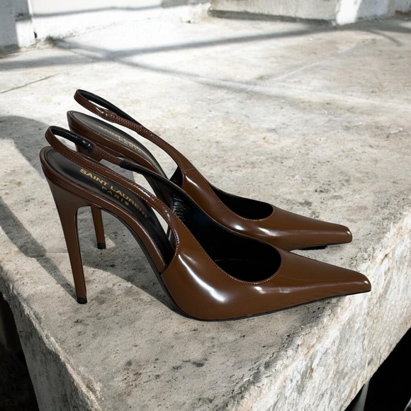 Saint Laurent Shoes - Authentic Saint Laurent Vendome Brown Patent Leather Slingback Heels! COA!